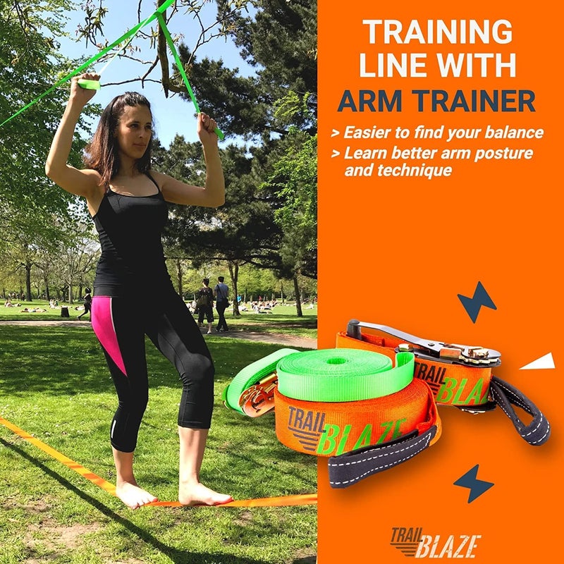 Trailblaze مجموعة كاملة من خطوط الارتخاء مع خط تدريب - خط أطول بطول 60 قدمًا لحماية الأشجار وخطوط ارتخاء للفناء الخلفي للأطفال والكبار وحبل مشدود وخطوط ترهل النينجا ومضمار عوائق للأطفال مجموعة خطوط ترهل - Image 3